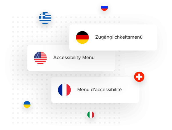 the words Accessibility Menu written in English, German, and French in floating text bubbles