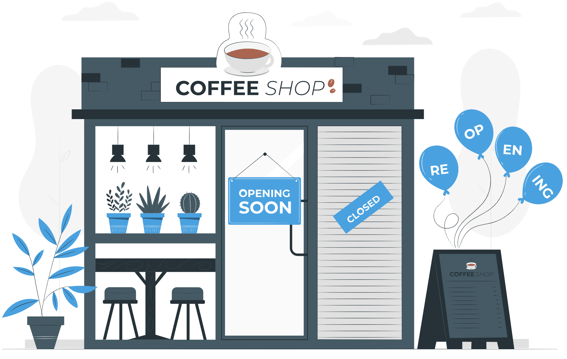 Cartoon coffee shop with opening soon signs and ballons