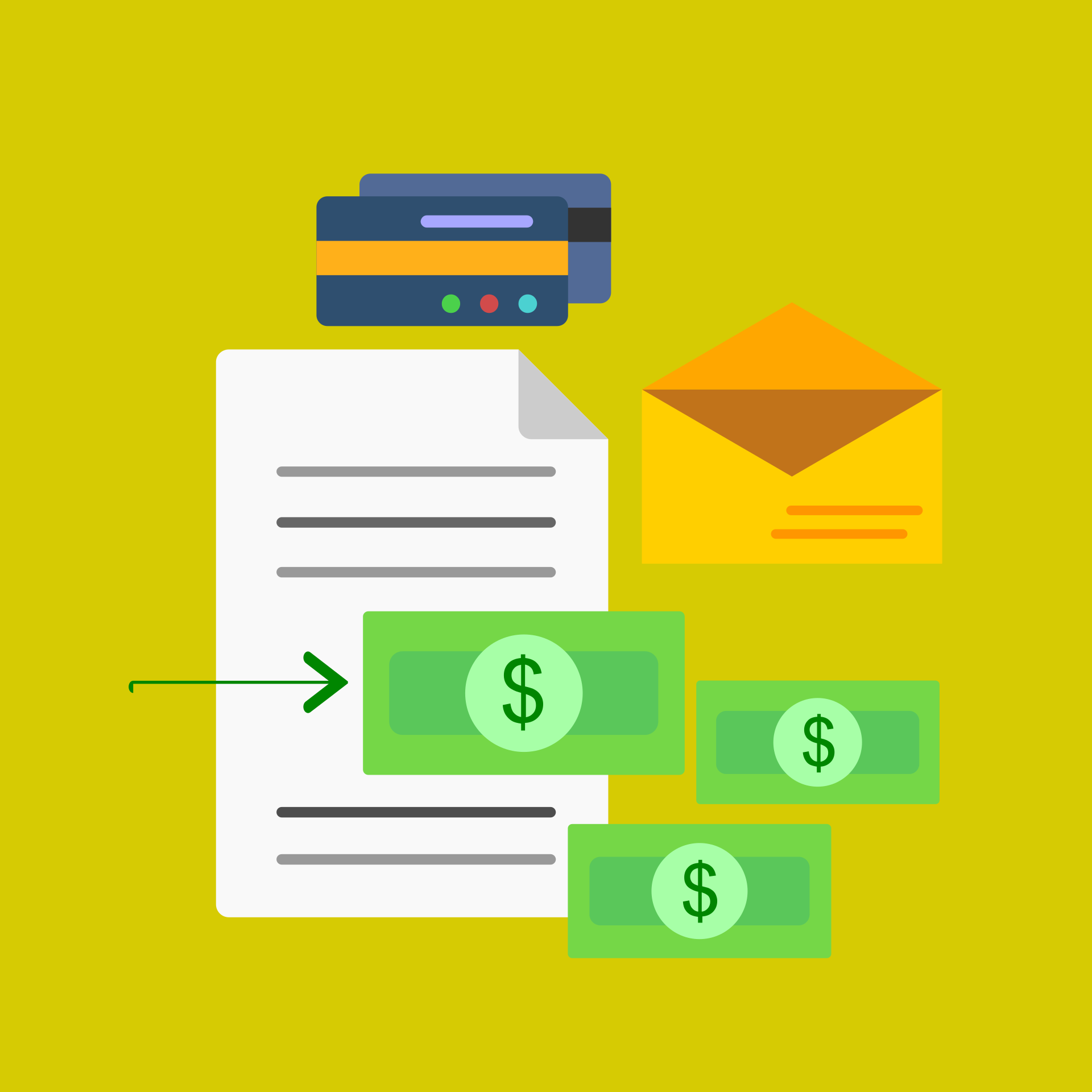 Cartoon representations of money, paper, and envelope, and credit cards on a yellow background