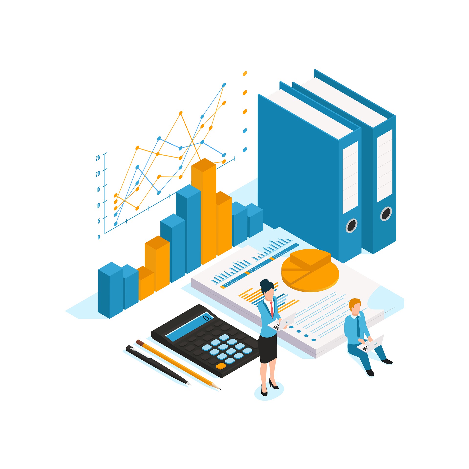 Two cartoon bookkeepers working around large office items such as a calculator, a bar graph, and binders. There is a line graph in the background