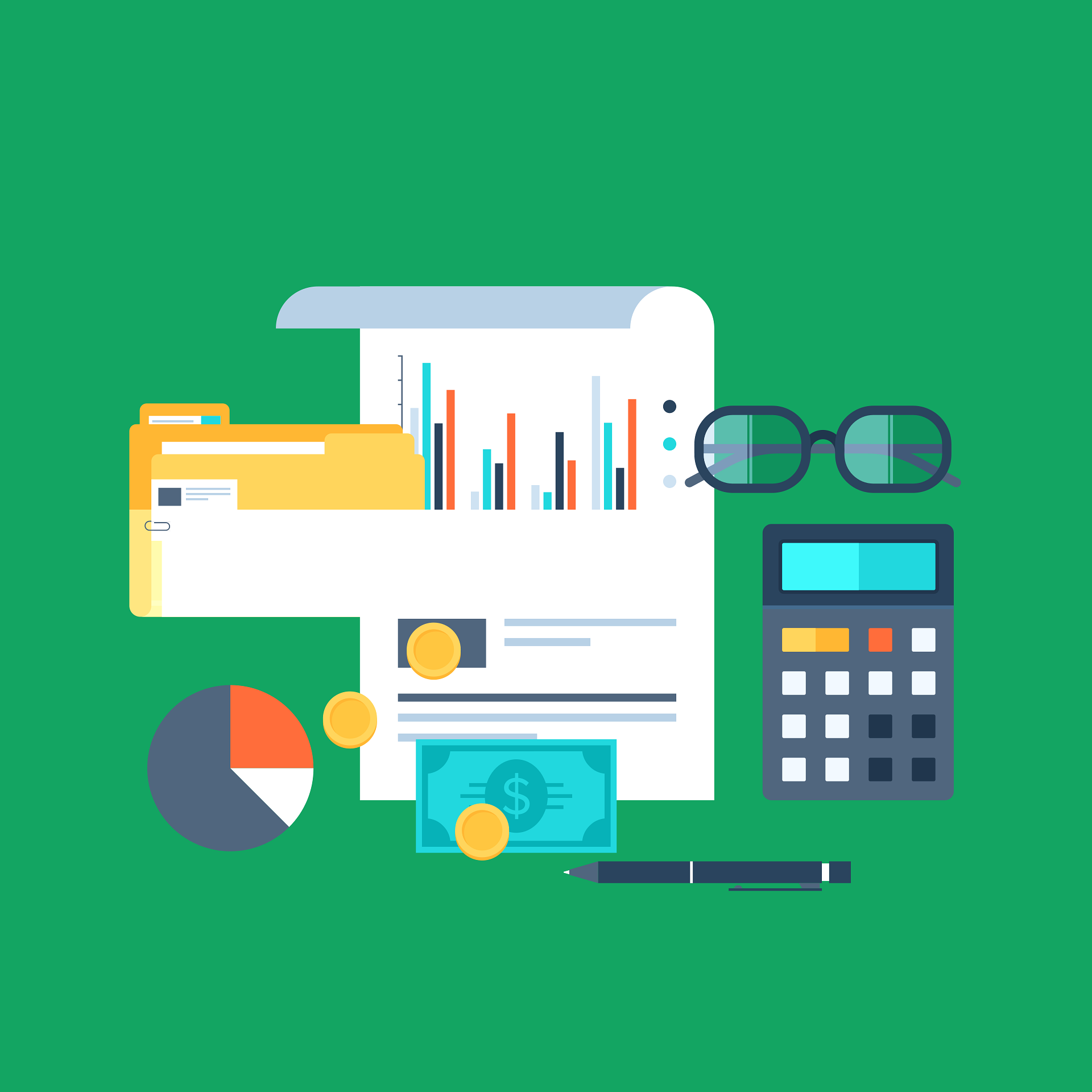 Cartoon calculator, folder, paper, money, and pie chart.